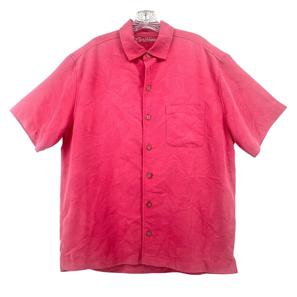 Caribbean Mens Pink Jacquard Palm Leaf Modal Blend Short Sleeve Shirt L Resort
